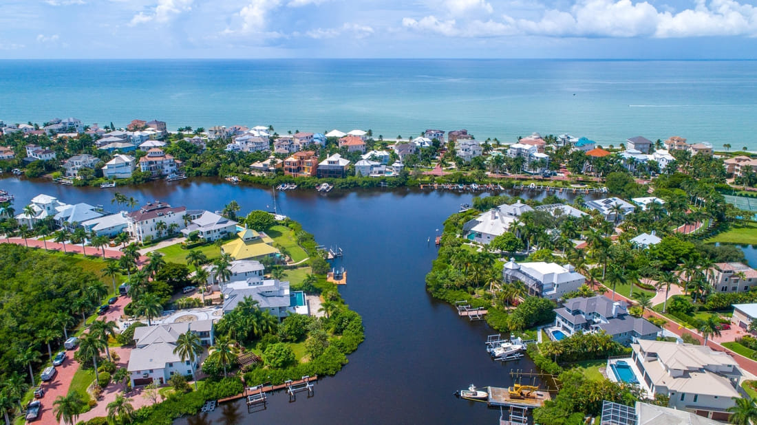 Aerial view of waterfront real estate in Southwest Florida